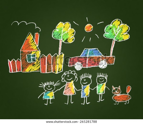 Happy family. Kids\
drawings. Blackboard\
