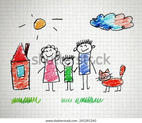 Happy family. Kids\
drawings. Notebook
