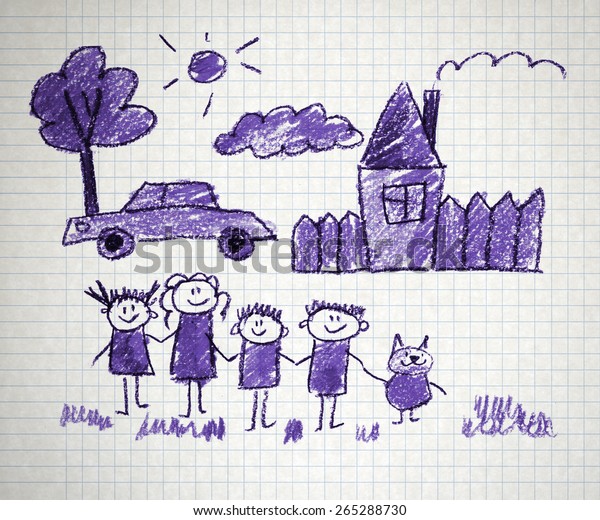 Happy family. Kids
drawings. Notebook
