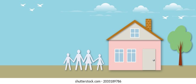 Happy Family With A New Home And Sky, Concept Housing A Family, Borrow Money, Love, Unity, Snugness, Space For The Text, Paper Cut Design Style.