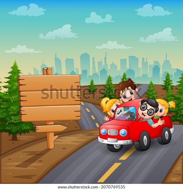 Happy family rides in car
on vacation