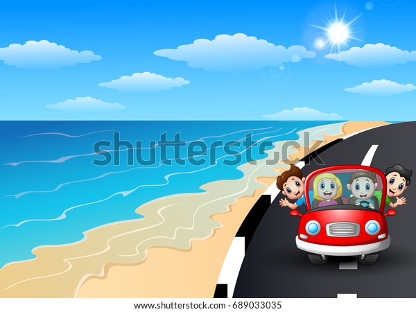 Happy family\
riding a car in the seaside\
road