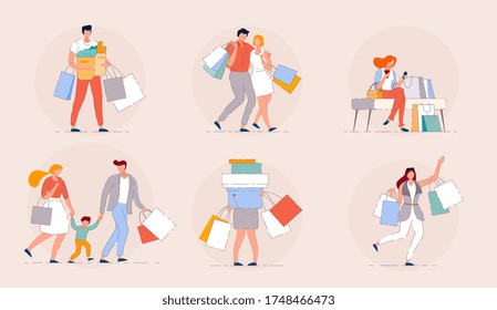 Happy family shopping in a mall sale season concept. Group of people shopping bags with purchases. Cartoon couple customers isolated . Happy girl sitting in a mall with bags. - Powered by Shutterstock