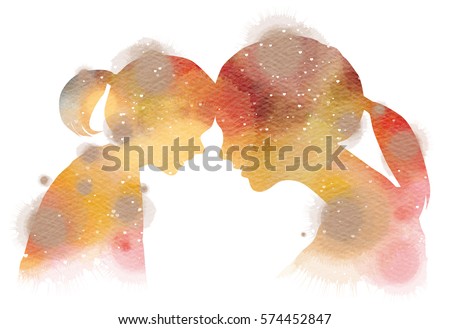 Happy family silhouette on watercolor background. Mother and daughter. Mother's day. Digital art painting.
