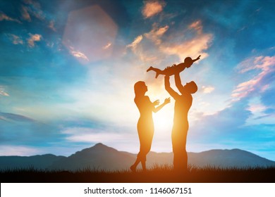 Happy family together outside at sunset, father lifting the baby up. Parenting. 3D illustration. - Powered by Shutterstock