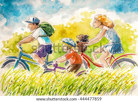 Happy family-boy and his parents on summer biking.Picture created with watercolors.