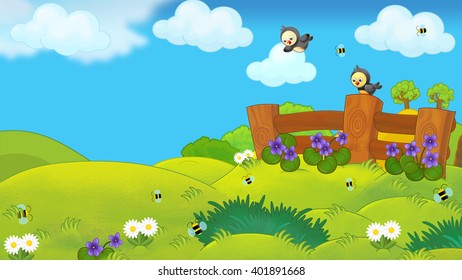 Happy Farm Scene Birds Illustration Children Stock Illustration