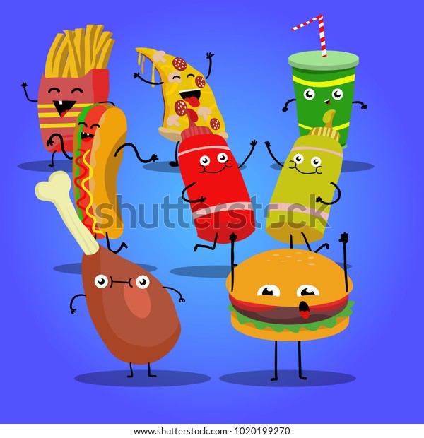 Happy fast food party cartoon characters fun, rejoice and dance. French