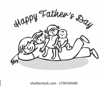 Happy Father day  Portrait happy family  A father  two sons   daughter together  Children play and their father  sitting his back  Outline cartoon style  