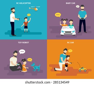 Happy Father Is Playing With Children. Family With Concept Flat Icons Set Of Radio Controlled Helicopter, Car And Robotic Toy