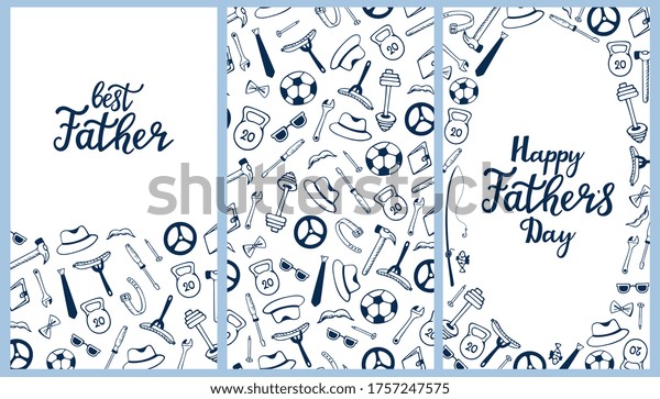 Happy Father s day hand drawn lettering. Men s\
Accessories. Instruments. Sports equipment seamless pattern and\
greeting cards