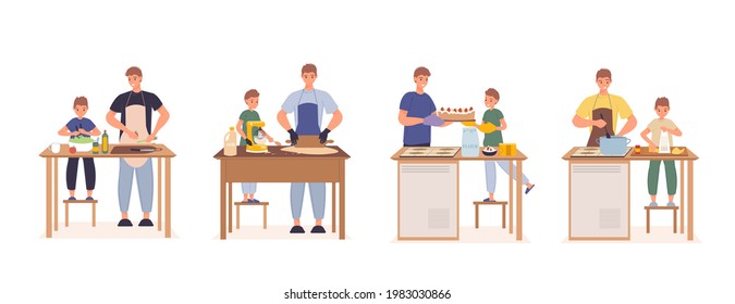 Happy father son cooking together at kitchen set. Parent son preparing green vegetarian salad, kneading dough, baking decorating cake, boiling fresh soup. Family recreation. Relationship communication - Powered by Shutterstock