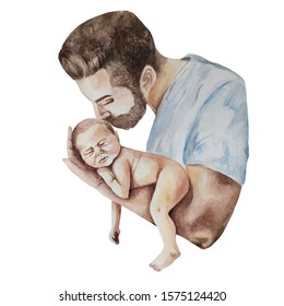 Happy father's day! Father’s Day. Best dad. Superdad. Man holding baby watercolor illustration on a white background, illustration for cards, posters, stickers. Isolated on a white background. - Powered by Shutterstock