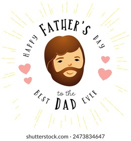 Happy Father's Day to the Best Dad Ever cute creative congrats with bearded face. Digital illustration. Round emblem, badge concept. T shirt graphic design. Gift logo. Awards template. Cartoon style - Powered by Shutterstock