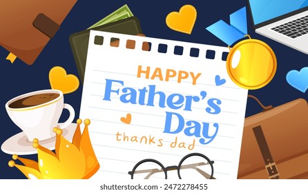 Happy Father's Day celebration banner design with different mens accessories includes coffee cup, eyeglasses,golden medal,crown,leather wallet,laptop,notebook - Powered by Shutterstock