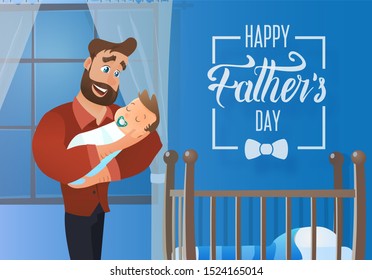 Happy Fathers Day Concept Or Banner With Touched Father Cartoon Character Holding His Sleeping Baby On Hands Near Infant Bed At Night. Smiling Dad Hugging His Dormant Newborn Son Illustration