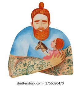 Happy father's day! Father's Day. Dad holds the baby in his arms. Man in tattoos. Watercolor, raster,realistic illustration on a white background,for cards, posters, stickers.  - Powered by Shutterstock