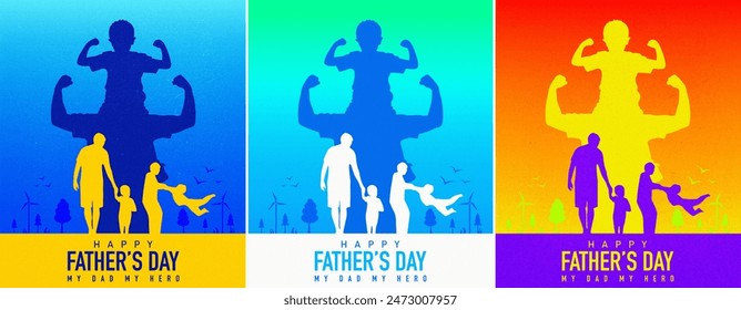 Happy Father's Day. Dad is like a big tree in the shade of which we are all free. My father is my hero. The baby is on the father's shoulder. Red background. Paper cutout colorful sets illustration.  - Powered by Shutterstock