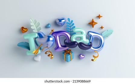 Happy Fathers Day decoration background with dad text balloon gift box, heart shape, leaves copy space text, 3D rendering illustration - Powered by Shutterstock