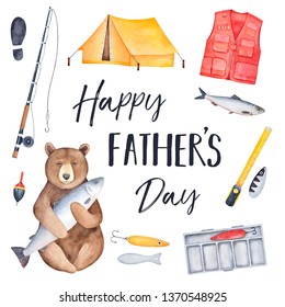 "Happy Father's Day" greeting card with different fishing elements and equipment (rod, hook, float, lure, vest) and joyful brown bear with huge fish. Hand drawn watercolour graphic painting on white. - Powered by Shutterstock