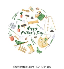 Happy Father's Day greeting card for a gardener father. Garden tools in a round shape. Watercolor gardening tools with the sign "Happy Father's Day". Hand-drawn garden clipart. - Powered by Shutterstock