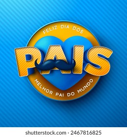 Happy Father's Day Greeting Card Design with Blue Heart and Mustache on Light Background. Feliz Dia dos Pais Portuguese Language Illustration for the Loved and Best Dad. Template for Postcard. JPG - Powered by Shutterstock