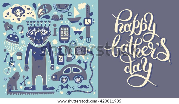 happy fathers day greeting card with\
hand lettering inscription vintage retro type font and father\
thinks illustration,  raster version calligraphy\
poster