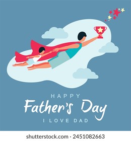 Happy Father's Day!  Handsome dad in superhero costume standing with his children.  cute illustration of dad, text, male objects, pattern for postcard, card, poster or background - Powered by Shutterstock