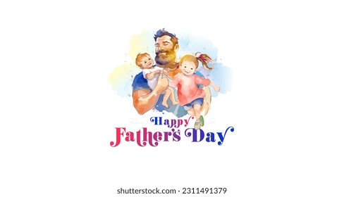 Happy Father's Day holiday. Father Holding daughter and son and love each other. Greeting card poster banner template design. - Powered by Shutterstock