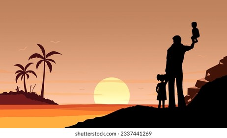 Happy Father's day silhouette father and children  behind sunset illustration. Father's Day templates suitable for desktop wallpaper, poster, cover, billboard, banner, social media. - Powered by Shutterstock