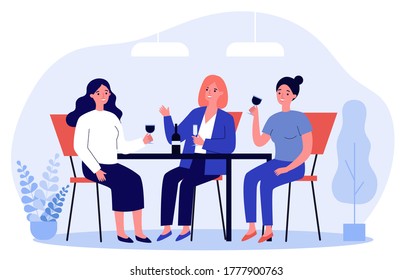 Happy female friends hanging out in cafe. Cheerful women sitting at table, talking, laughing, drinking wine. illustration for communication, friendship, friendly meeting concept - Powered by Shutterstock