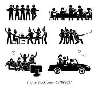 Happy Friends Hanging Out Together. Artworks Depict A Group Of Friend Eating And Dining, Having A Birthday Party, Taking A Group Selfie Photo, Watching TV, And Going On A Car Trip Together.