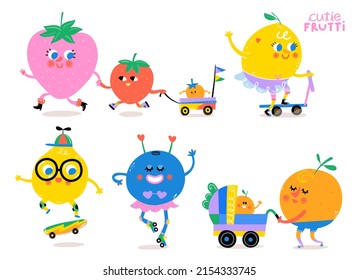 Happy Fruit Cartoon Characters. Illustrated Kids Design Set. Strawberry Lemon Scooter Quince Skater Orange Mom And Baby. Cutie Frutti Collection 