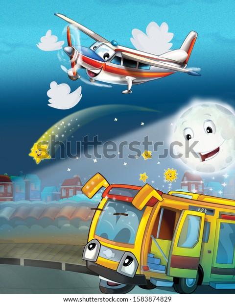 happy and\
funny cartoon bus looking and smiling driving through the city and\
plane flying - illustration for\
children