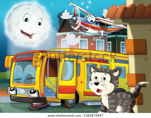 happy and\
funny cartoon bus looking and smiling driving through the city and\
plane flying - illustration for\
children