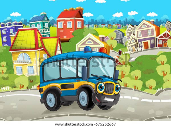 happy and funny cartoon bus
looking and smiling driving through the city - illustration for
children
