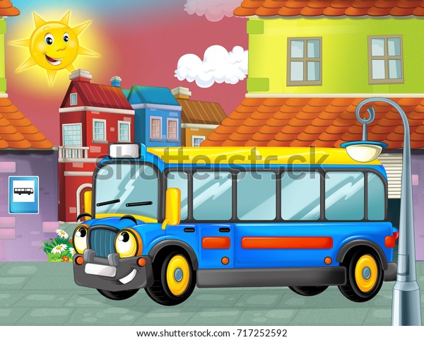happy and funny cartoon bus\
looking and smiling driving through the city - illustration for\
children