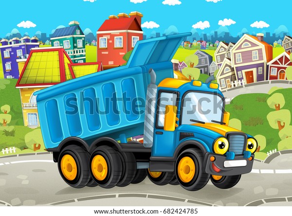 happy and funny cartoon\
truck looking and smiling driving through the city - illustration\
for children