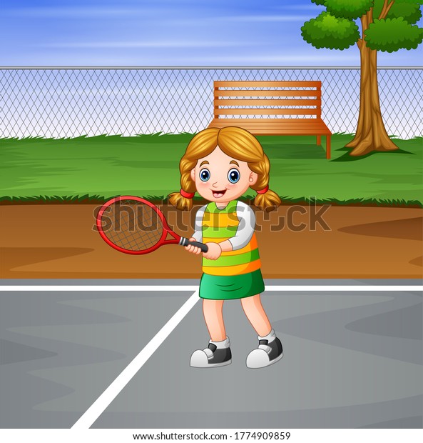 コートでテニスをしている幸せな女の子 のイラスト素材