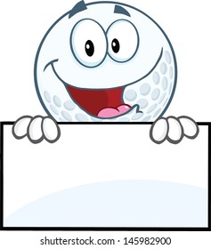 Happy Golf Ball Cartoon Character Over Sign. Vector Version Also Available In Gallery