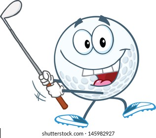 Happy Golf Ball Swinging A Golf Club. Vector Version Also Available In Gallery