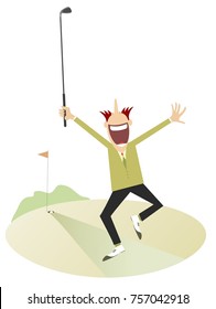 Happy golfer on the golf course isolated. Running young man with hands up glad to aiming a ball to the hole     
