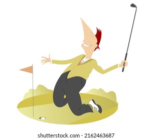 Happy Golfer On The Golf Court.
Kneeling Golfer Man Happy To Make A Good Shot
