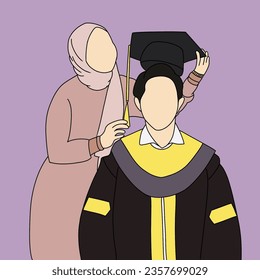 Happy graduating students wearing academic attire, gowns or robes and graduation caps. Boy celebrates university graduation accompanied by his girlfriend, graduation vector illustration - Powered by Shutterstock