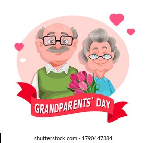 Happy Grandparents day greeting card. Cheerful grandmother and grandfather cartoon characters. Grandma and grandpa standing together. Raster illustration - Powered by Shutterstock