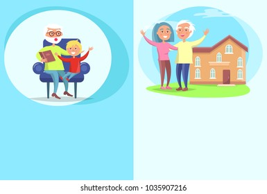 Happy grandparents day poster with senior man reading book to grandson and mature couple near house  illustrations set with text - Powered by Shutterstock