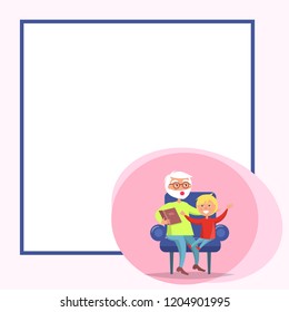 Happy grandparents day poster with senior man reading book to grandson sitting together in armchair  with place for text in frame - Powered by Shutterstock