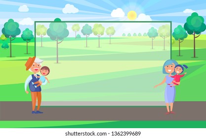 Happy grandparents senior couple holding children on hand grandpa and grandma with kids background of green trees in park raster frame for text - Powered by Shutterstock