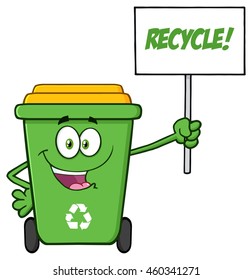 Happy Green Recycle Bin Cartoon Mascot Character Holding Up A Recycle Sign. Raster Illustration Isolated On White Background