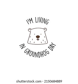 Happy Groundhog Day living design with outline cute groundhog. Print stickers illustration.